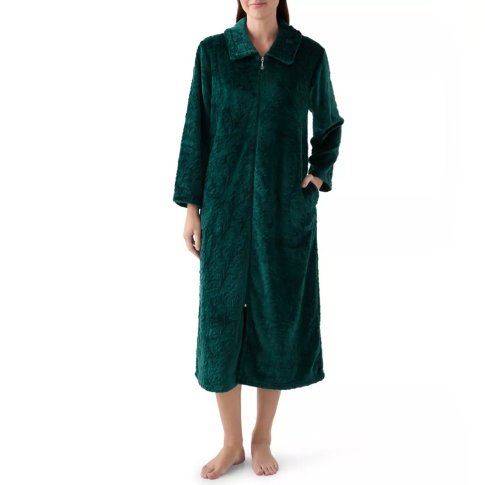 Miss Elaine Women's French Fleece Long Zip Robe In Emerald Green Size Medium NEW